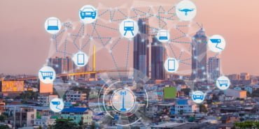 Internet of Things and Smart city concept. Smart things icons mesh on cityscape background.