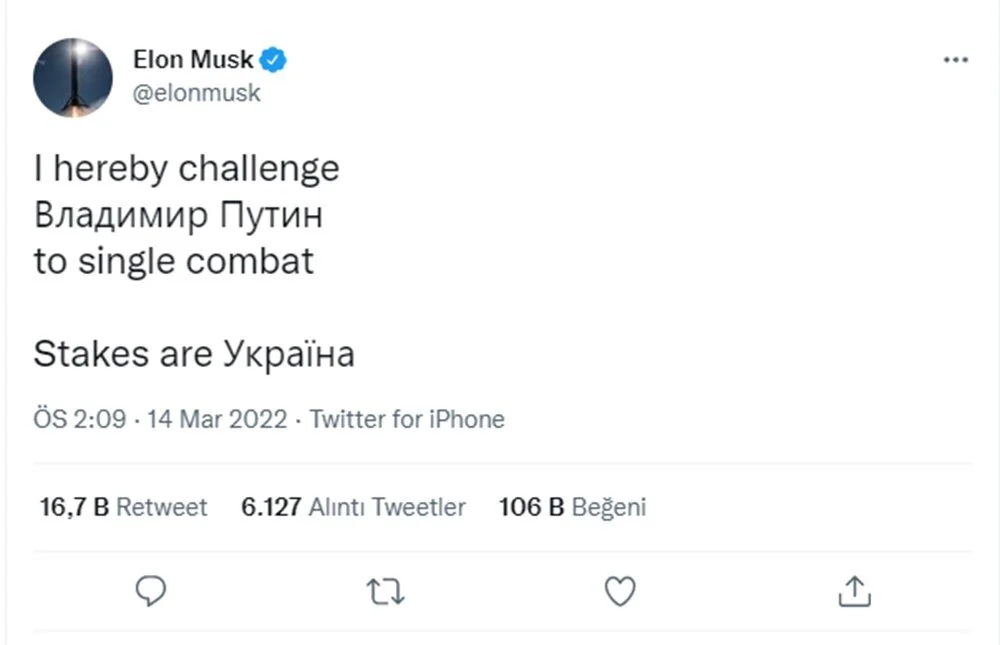 Elon Musk, Putin'i teke tek dövüşe çağırdı
