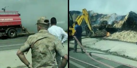 Seyir halindeki saman yüklü iki kamyon küle döndü