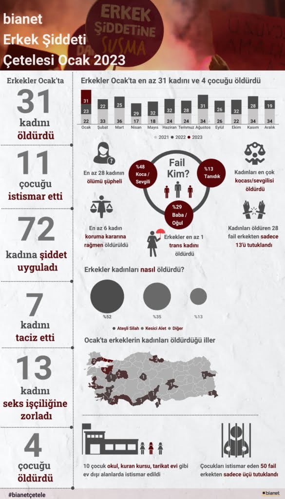 Ocak ayında en az 31 kadın ve dört çocuk erkek şiddetinin kurbanı oldu