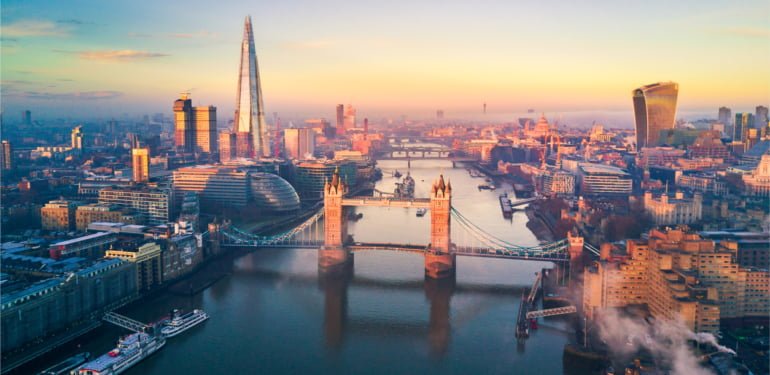 Aerial view of London and the Tower Bridge