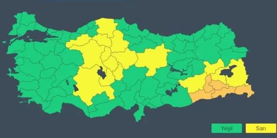 Batman dahil 5 il için turuncu, 16 il için sarı kodlu uyarı