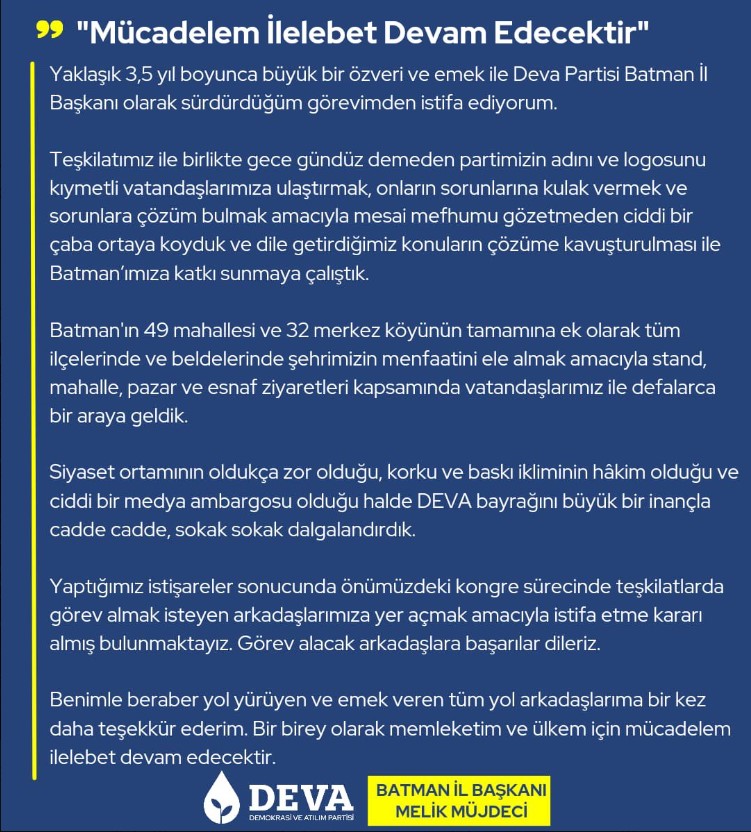 Batman DEVA’da istifa depremi! İl başkanı dahil onlarca yönetici istifa etti