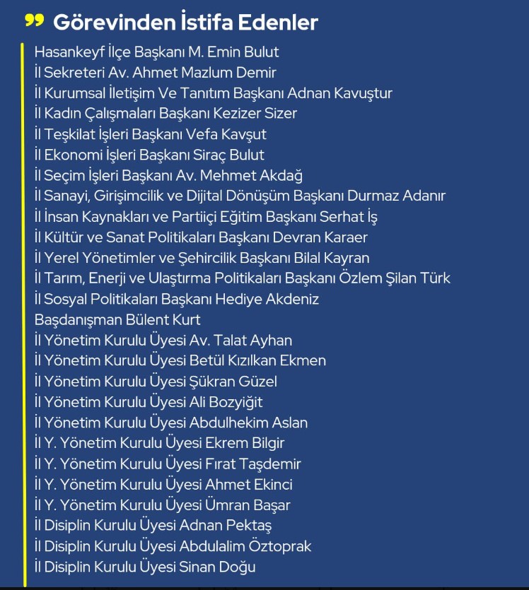 Batman DEVA’da istifa depremi! İl başkanı dahil onlarca yönetici istifa etti