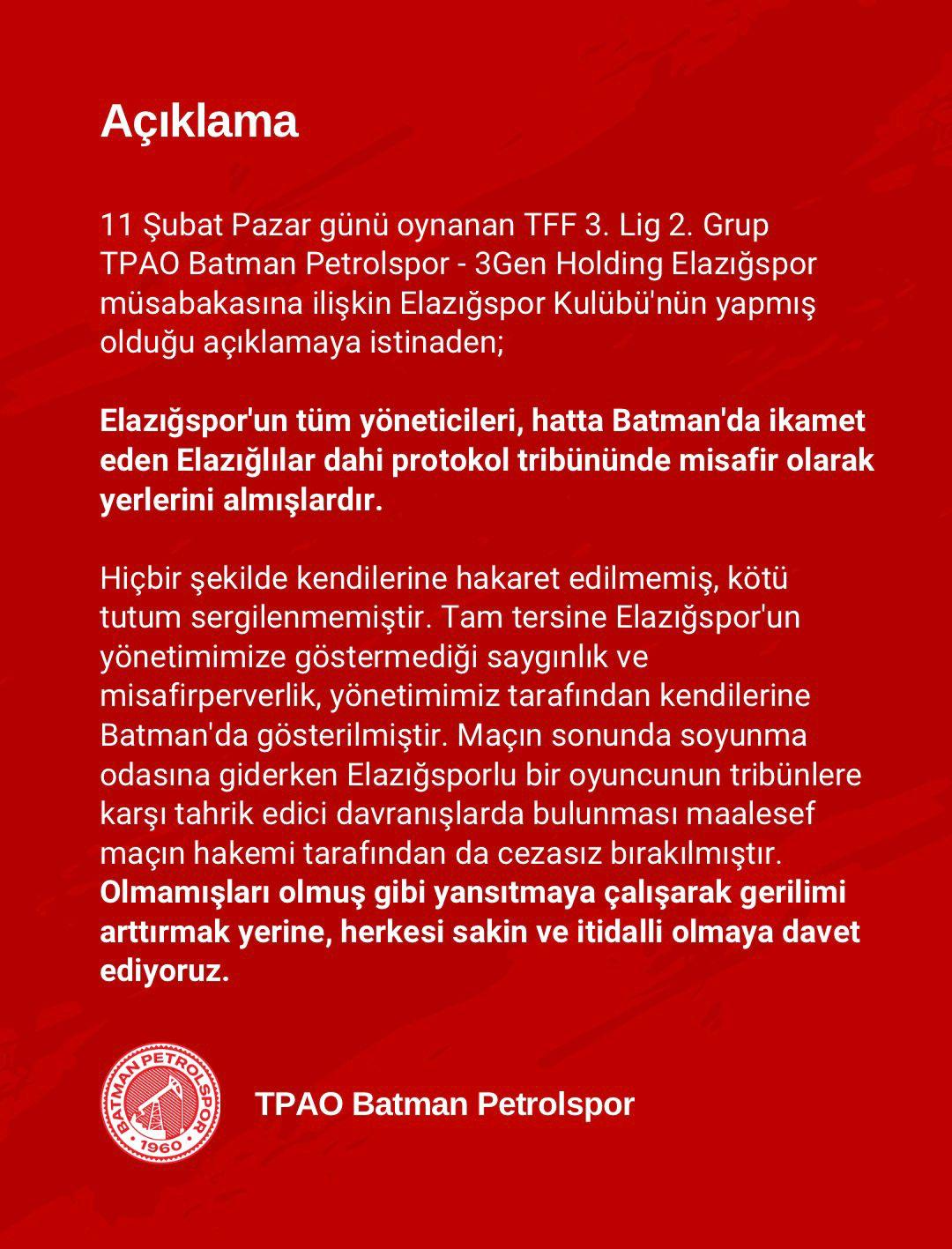 Petrolspor yönetiminden Elazığ maçı açıklaması