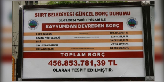 Siirt Belediyesi’ni devr alan DEM Parti belediyenin borcunu afişle duyurdu Siirt Belediyesi’ni devr alan DEM Parti belediyenin borcunu afişle duyurdu