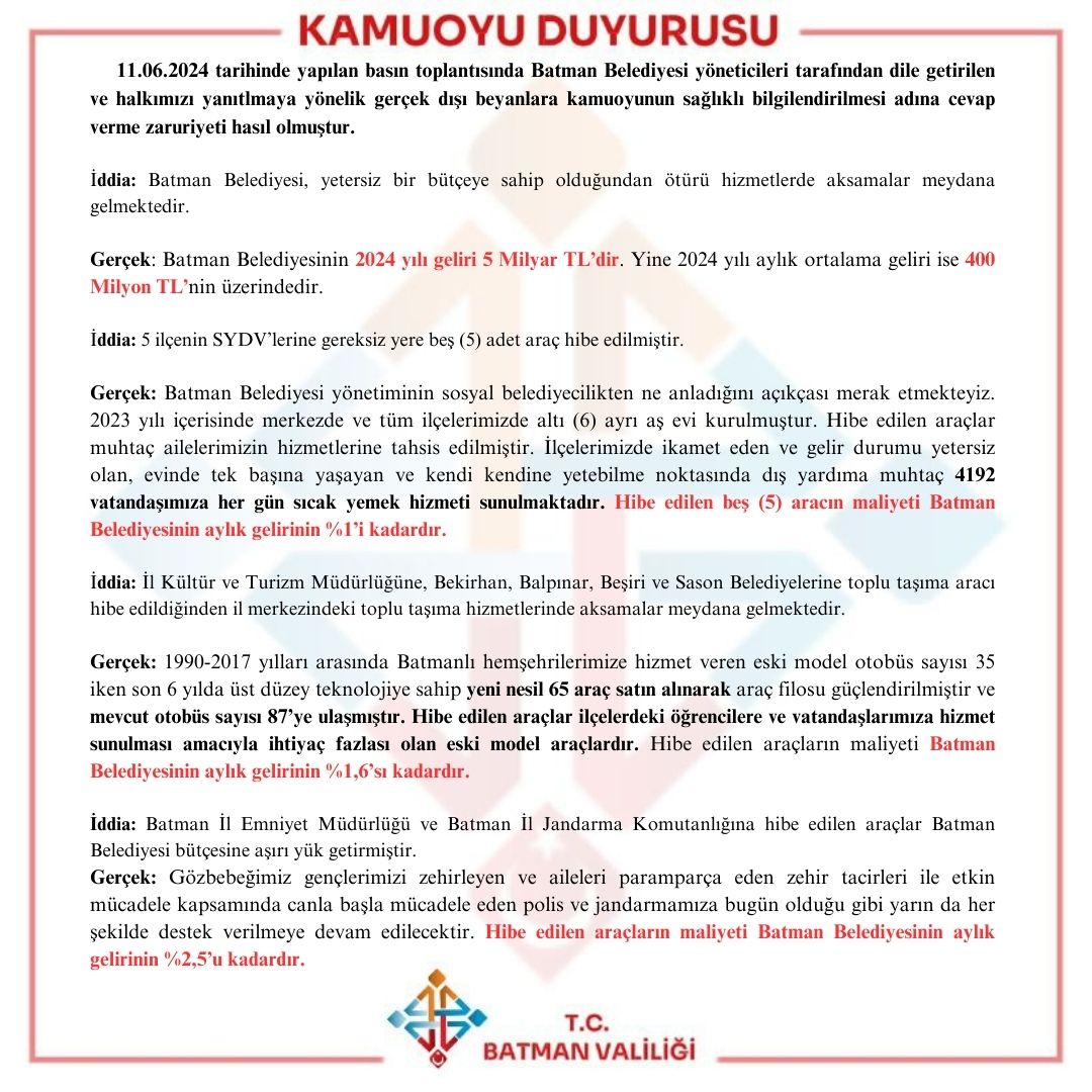 Batman Valiliğinden, Batman Belediyesine cevap geldi