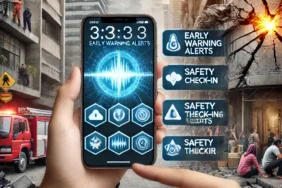 DALL·E 2025-04-25 15.05.22 - An informative and serious scene showing a person holding a smartphone with multiple earthquake-related apps open on the screen, such as early warning