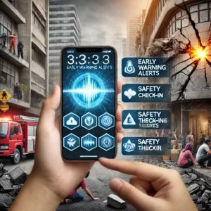 DALL·E 2025-04-25 15.05.22 - An informative and serious scene showing a person holding a smartphone with multiple earthquake-related apps open on the screen, such as early warning