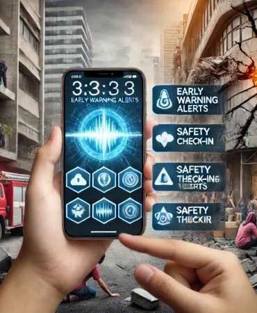 DALL·E 2025-04-25 15.05.22 - An informative and serious scene showing a person holding a smartphone with multiple earthquake-related apps open on the screen, such as early warning