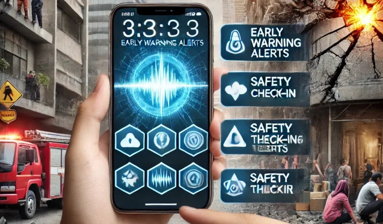DALL·E 2025-04-25 15.05.22 - An informative and serious scene showing a person holding a smartphone with multiple earthquake-related apps open on the screen, such as early warning