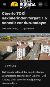 Batman Ciğerlo TOKİ’de çözüm bekleyen sorunlar kronikleşti