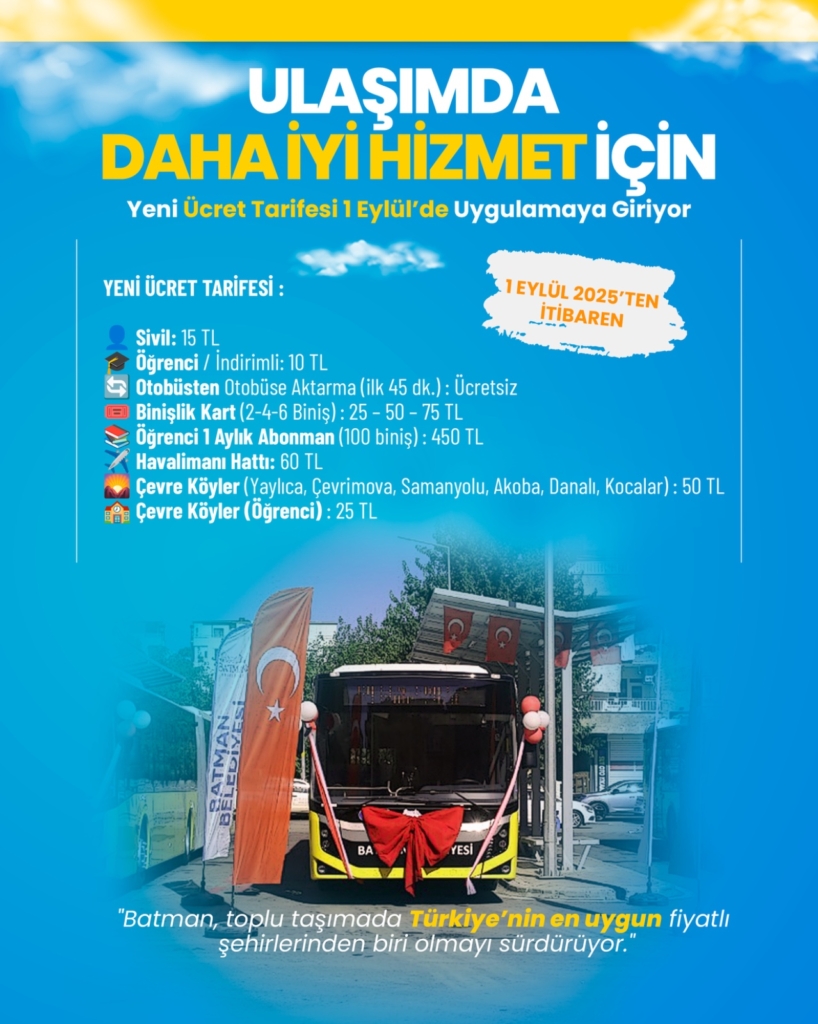 Batman’da belediye otobüs tarifesi zamlandı: Bugünden geçerli olacak