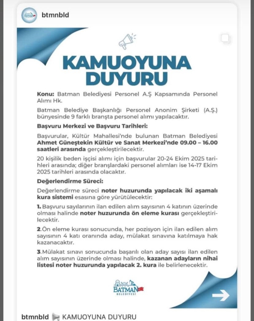 Batman Belediyesi 9 farklı branşta 80 personel alımı yapacak