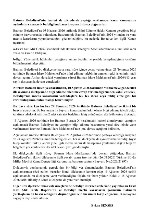 Evsel katı atık bedeli tartışmasında Erkan Şenses’ten belediyeye yanıt Evsel katı atık bedeli tartışmasında Erkan Şenses’ten belediyeye yanıt