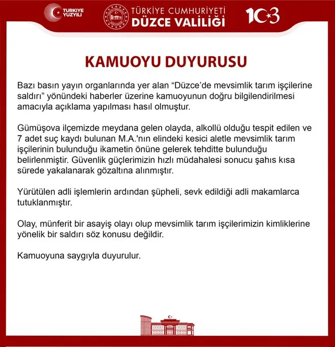 Düzce’de Kürt işçileri bıçakla tehdit eden şahıs tutuklandı Düzce’de Kürt işçileri bıçakla tehdit eden şahıs tutuklandı